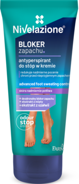 Nivelazione antyperspirant w kremie BLOKER zapachu, turkusowa tubka z fioletową nakrętką i stopami, widok z przodu.