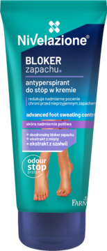 Nivelazione Bloker Zapachu antyperspirant do stóp w kremie, turkusowa tubka na nadmierną potliwość, widok z przodu.
