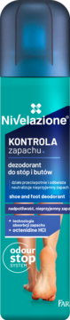 Nivelazione dezodorant do stóp i butów w turkusowym sprayu, kontrola zapachu, widok z przodu.
