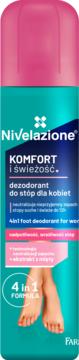 Różowo-turkusowy dezodorant do stóp Nivelazione 4 w 1 dla kobiet, widok z przodu z grafiką stóp.