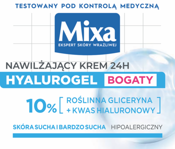 Mixa Hyalurogel Bogaty krem 24h, 10% gliceryny i hialuronu, zbliżenie na biało-niebieskie opakowanie.