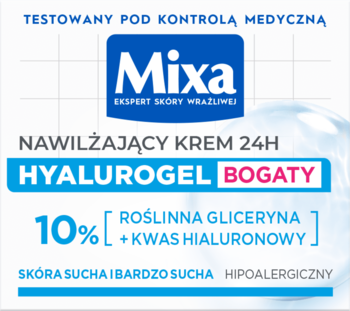 Niebieska grafika kremu Mixa Hyalurogel Bogaty 24H do suchej skóry, z 10% gliceryną i kwasem hialuronowym.