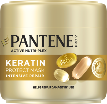 Złota maska Pantene Keratin Protect Intensive Repair PRO-V w cylindrycznym słoiku, z przodu widoczne kapsułki.
