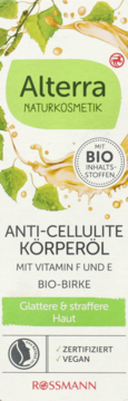 Alterra Antycellulitowy olejek do ciała z bio-brzozą i witaminami F+E. Biało-zielone opakowanie, widok z przodu.