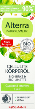 Alterra Cellulite Körperöl z bio-brzozą i limonka, biało-zielone opakowanie, widok z przodu.