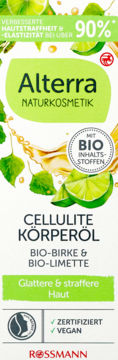 Alterra Cellulite Körperöl z bio-brzozą i limonką, zielone opakowanie, dla gładszej skóry, widok z przodu.