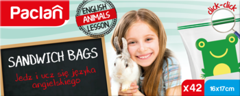 Paclan sandwich bags for kids, 42 pcs. Girl with rabbit, English animals lesson theme. Frog design, 16x17cm.