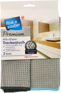 Dwie szare ściereczki z mikrofibry Flink & Sauber Premium, waflowa tekstura, do suchego czyszczenia, w opakowaniu.