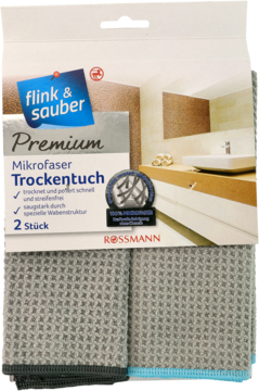 Dwie szare ściereczki z mikrofibry Flink & Sauber Premium, waflowa tekstura, do suchego czyszczenia, w opakowaniu.