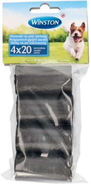 Winston woreczki na psie odchody, 4x20 szt., czarne worki w przezroczystym opakowaniu, widok z przodu.