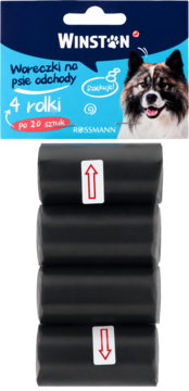 Front: 4 czarne rolki woreczków na psie odchody Winston (4x20 sztuk), z niebieskim opakowaniem i psem.