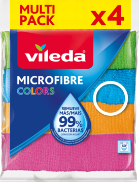 Vileda Microfibre Colors 4-pak: kolorowe ściereczki z mikrofibry (zielona, różowa, pomarańczowa, niebieska). Usuwają 99% bakterii.