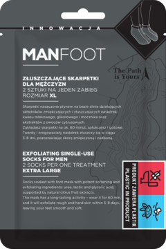 Skarpetki złuszczające MANFOOT dla mężczyzn XL, szare opakowanie z grafiką skarpet i napisem "PLASTIC IN PRODUCT".