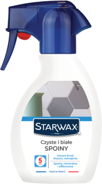 Biały spray Starwax Czyste Spoiny, butelka z niebieskim atomizerem, widok z przodu, do czyszczenia spoin.
