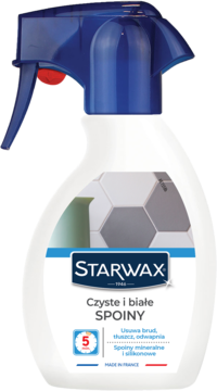 Biały spray Starwax Czyste Spoiny, butelka z niebieskim atomizerem, widok z przodu, do czyszczenia spoin.