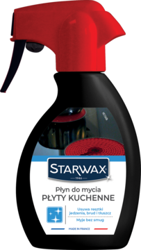 Czarny spray STARWAX Płyn do mycia PŁYTY KUCHENNE, czerwona nakrętka, biała etykieta z obrazkiem płyty.