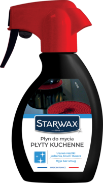 Czarny spray STARWAX Płyn do mycia PŁYTY KUCHENNE, czerwona nakrętka, biała etykieta z obrazkiem płyty.