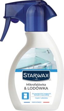 Biały spray Starwax "Mikrofalówka & Lodówka" do czyszczenia i odświeżania, z niebieskim atomizerem, widok z przodu.