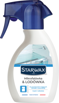 Biały spray Starwax "Mikrofalówka & Lodówka" do czyszczenia i odświeżania, z niebieskim atomizerem, widok z przodu.