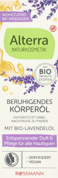 Alterra uspokajający olejek do ciała z BIO-lawendą, białe opakowanie z grafiką lawendy, logo Rossmann.