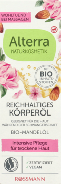 Alterra bogaty olejek do ciała z bio-migdałem, dla suchej skóry i masażu, biała butelka z piwoniami.