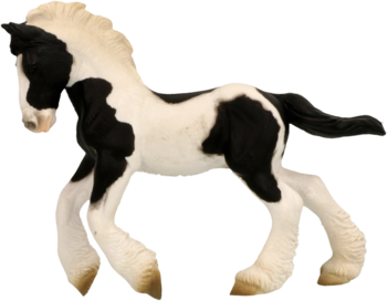 Figurka źrebaka Tinker, maść srokata czarno-biała, widoczny profil, białe pęciny.