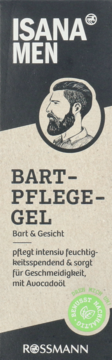 Isana Men Bart-Pflege-Gel, wysokie opakowanie w czerni i beżu, widok z przodu, nawilżający, z olejkiem awokado.