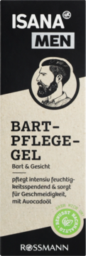 Isana Men Bart-Pflege-Gel, czarno-beżowe pudełko z brodatym mężczyzną. Do brody i twarzy, z olejkiem awokado.