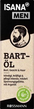 Opakowanie ISANA MEN Bart-Öl z Arganem, czarno-beżowe, z wizerunkiem brodatego mężczyzny. Widok z przodu.