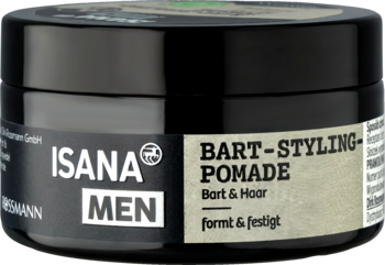 ISANA MEN Bart-Styling-Pomade w ciemnym okrągłym słoiczku z biało-zieloną etykietą, widok z przodu.