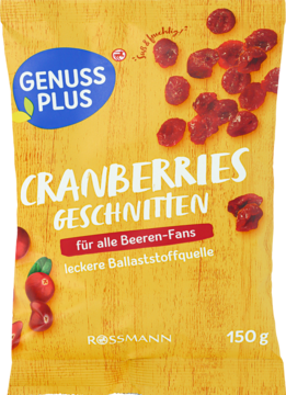 Żółta torebka Genuss Plus Cranberries Schnittten, suszona żurawina cięta, na wzorzystym tle, z widocznymi owocami.