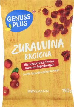Żółta paczka Żurawina Krojona Genuss Plus Rossmann 150g, z czerwoną etykietą i obrazem suszonych owoców.