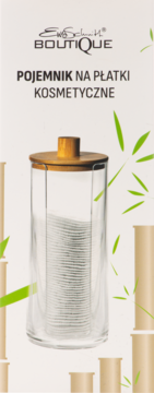 Pojemnik na płatki kosmetyczne, przezroczysty, z bambusową pokrywką, wypełniony białymi wacikami, widok z przodu.