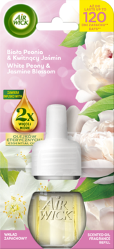Air Wick White Peony & Jasmine Blossom oil refill. Pink packaging with white flowers, visible yellow oil, 120 days.