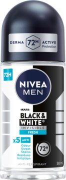 NIVEA MEN Black & White Invisible Fresh 72H antyperspirant roll-on 50ml, przezroczysta butelka.