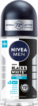 NIVEA MEN Black & White Invisible Fresh 72H antyperspirant roll-on 50ml, przezroczysta butelka.