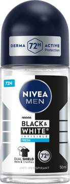 NIVEA MEN Black & White Fresh antyperspirant roll-on 50ml, przezroczysta butelka, granatowa nakrętka, widok z przodu, 72H.