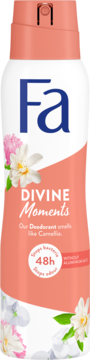 Fa Divine Moments dezodorant spray, brzoskwiniowo-biała butelka z kwiatami kamelii, widok z przodu, 48h.