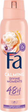 Różowy dezodorant Fa Calming Divine Moments w sprayu, 48H ochrony, z grafiką białej kamelii, widok z przodu.