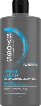 Szampon Syoss Men Intense Clean Deep Caring Shampoo, szara butelka z czarną nakrętką, z 3% mentolem, widok z przodu.