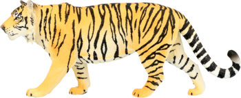 Realistyczna figurka tygrysa w paski, żółto-pomarańczowa z czarnymi pasami, widok z boku w pozycji chodzącej.