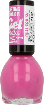 Butelka fuksjowego lakieru do paznokci Miss Sporty Lasting Color Gel Shine 7ml, widok z przodu, z czarną nakrętką.