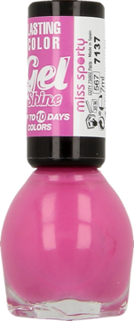 Butelka fuksjowego lakieru do paznokci Miss Sporty Lasting Color Gel Shine 7ml, widok z przodu, z czarną nakrętką.