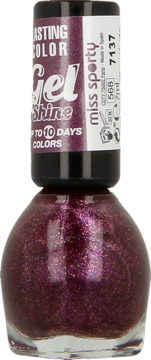 Trwały lakier do paznokci Miss Sporty Gel Shine, ciemnofioletowy z brokatem, butelka, widok z przodu.