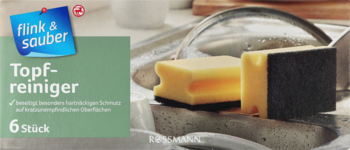 Opakowanie Flink & Sauber Topfreiniger 6 sztuk oraz żółto-czarne gąbki w wodzie z pianą, usuwające brud.
