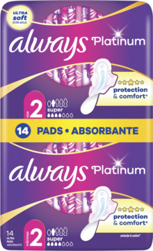 Dwie fioletowe paczki podpasek Always Platinum Super (rozmiar 2), 14 sztuk, widok z przodu, ułożone pionowo.