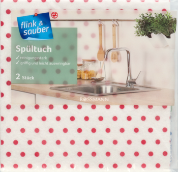 Opakowanie Rossmann Flink & Sauber Spültuch, dwie białe ściereczki w czerwone kropki, z grafiką kuchennego zlewu.