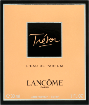 Lancôme Trésor L'Eau de Parfum 30ml, jasnopomarańczowe pudełko perfum z czarną ramką i złotym napisem.