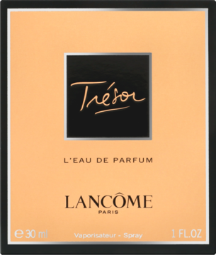 Przód brzoskwiniowego opakowania perfum Lancôme Trésor L'Eau de Parfum 30ml z czarnym kwadratem i złotym napisem.