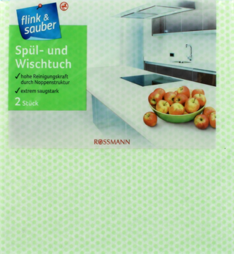 Zielono-białe opakowanie ścierek Flink & Sauber Spül- und Wischtuch, z grafiką kuchni i jabłek.